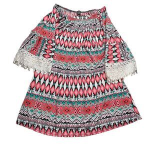 WIN WIN Shirt Womens 2XL-3XL Half‎ Sleeve Abstract Multicolor Lace Tunic Top
